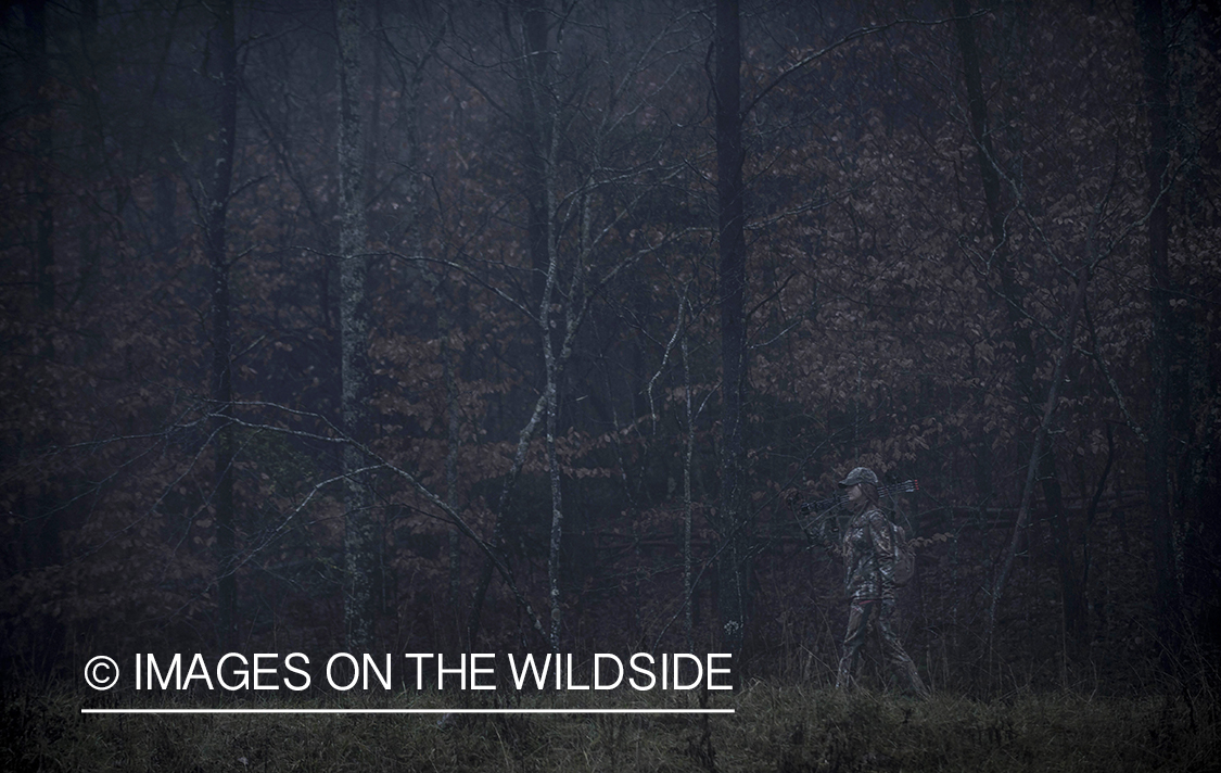 Woman bowhunting in fall forest.