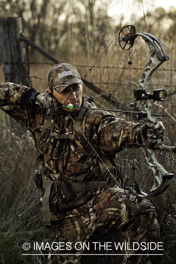Bowhunter taking aim in field. 