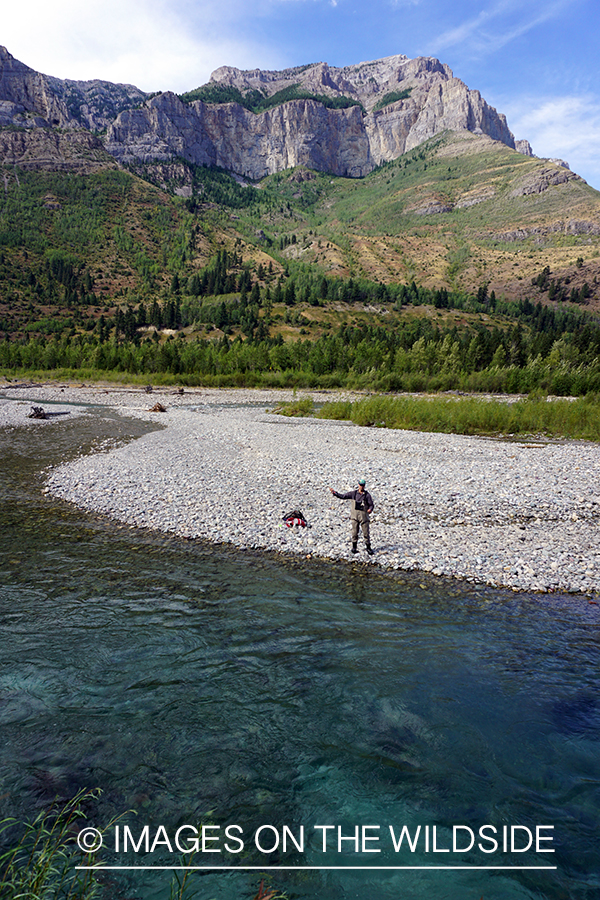 Flyfisherman casting on stream.