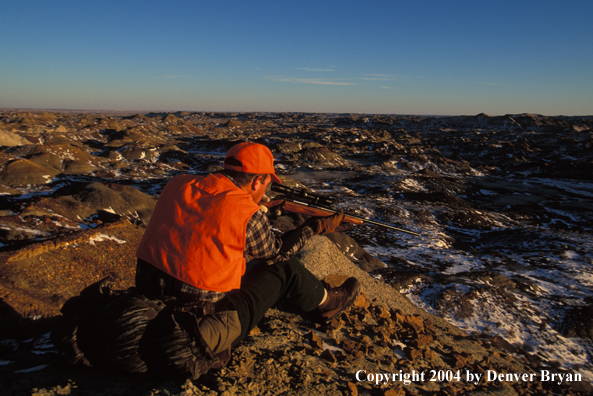 Big game hunter aiming/shooting.