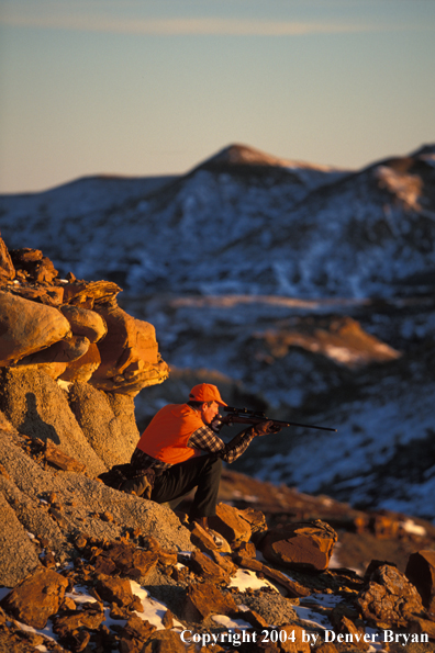 Big game hunter aiming/shooting.