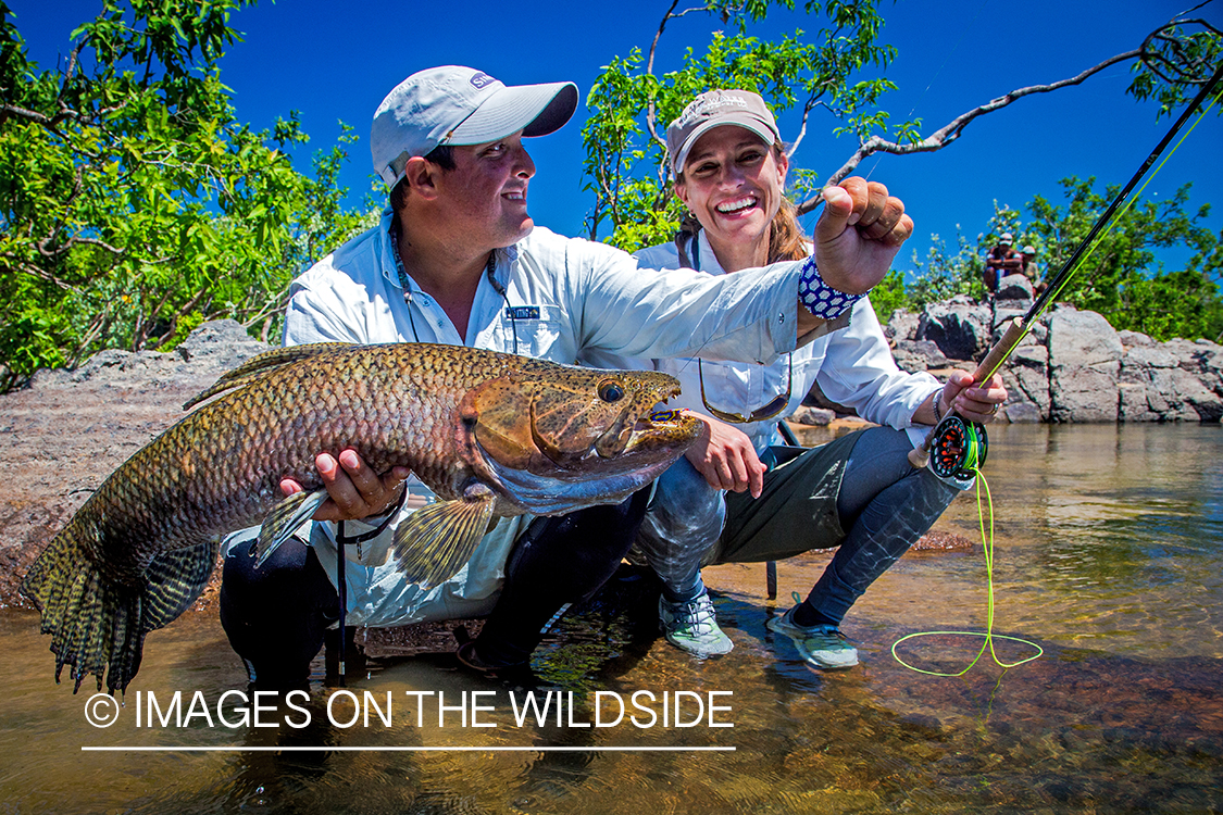 Flyfisherman with wolf fish on river in Kendjam region, Brazil