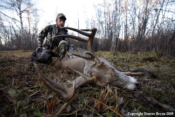Bowhunter approaching whitetail buck.