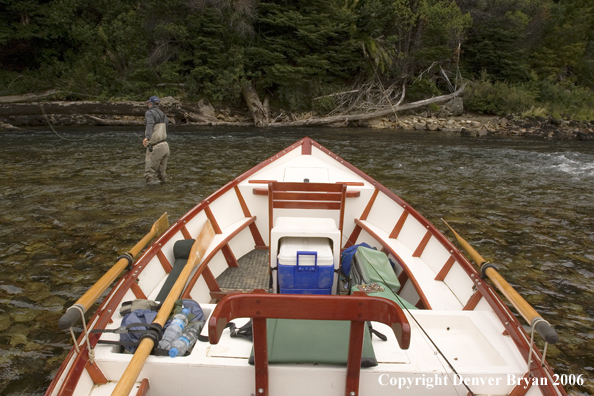 Flyfisherman casting on river.