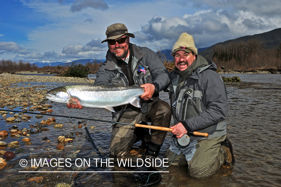 Steelhead flyfishermen with steelhead catch in Canada.