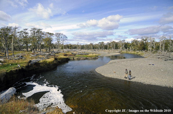 Flyfishermen casting from riverbank