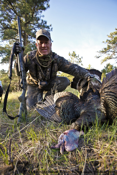 Hunter with bagged (Merriam's) turkey - decoy in bakcground