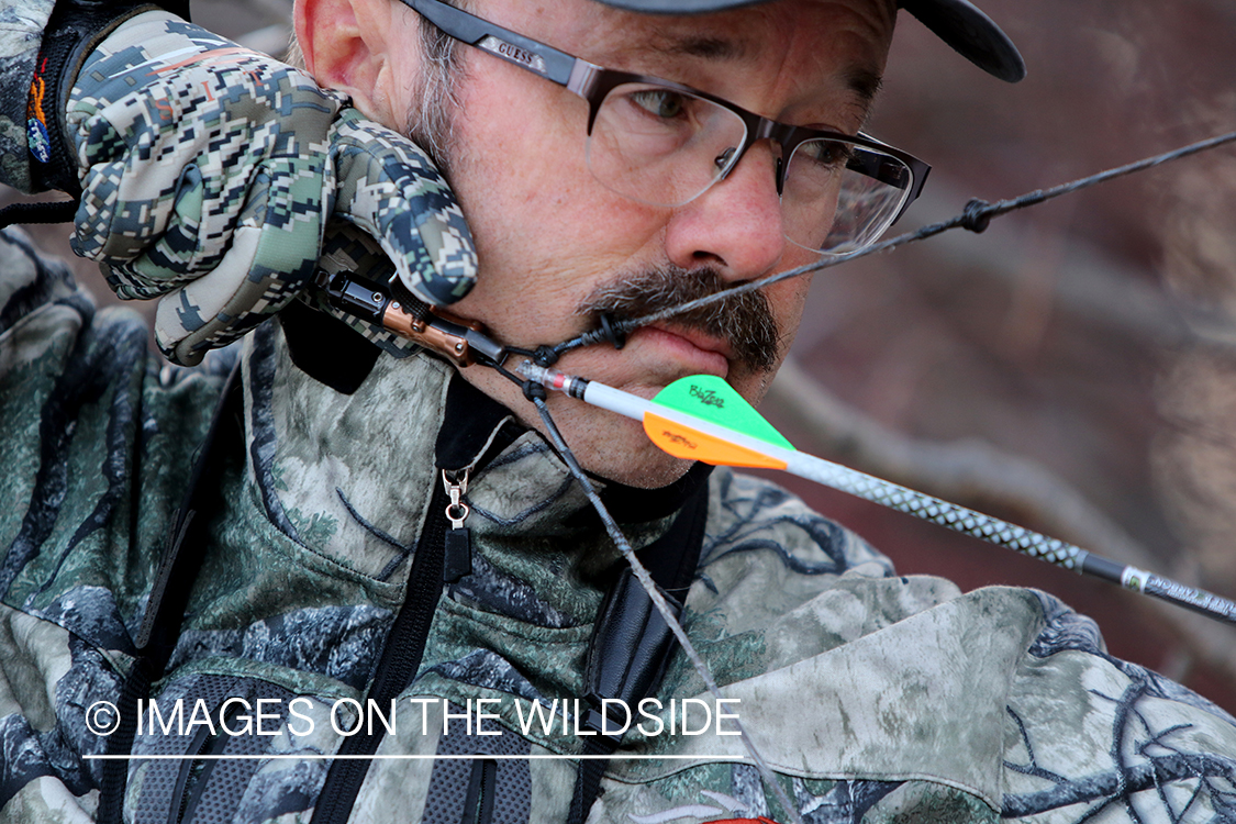 Bow hunter shooting arrow using arrow release attached to string.