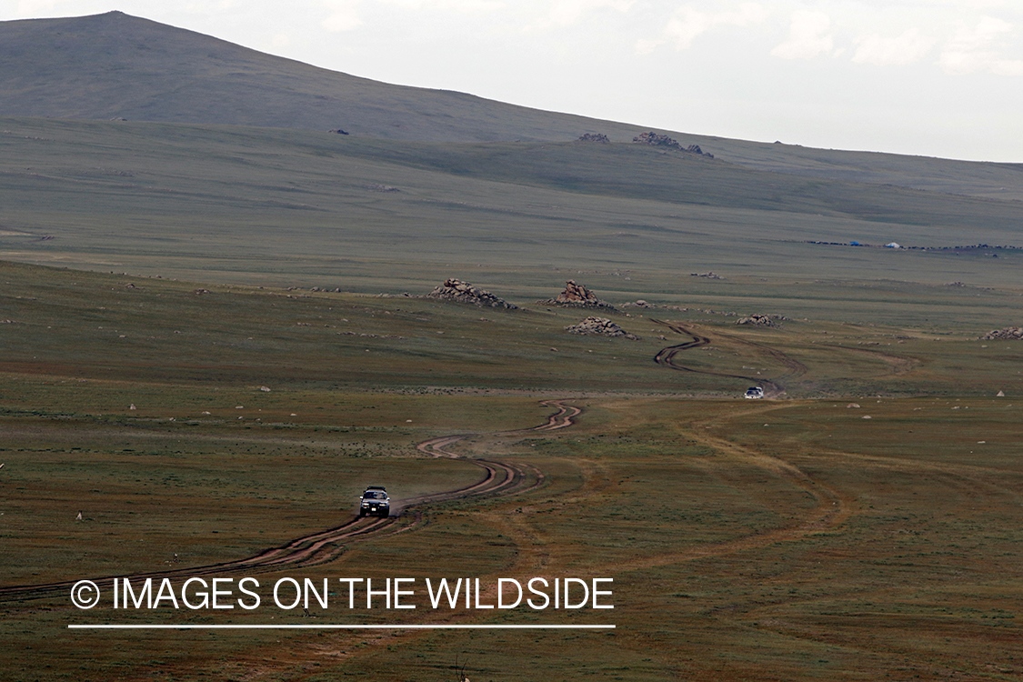 Vehicle traveling across Mongolian steppe.