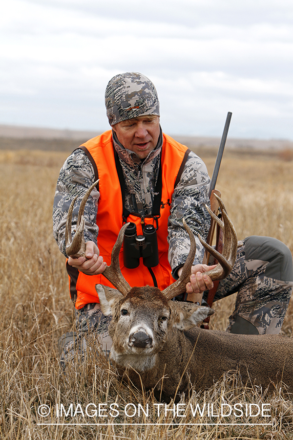 White-tailed deer hunter with downed buck.