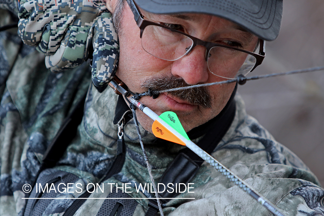 Bow hunter shooting arrow using arrow release attached to string.