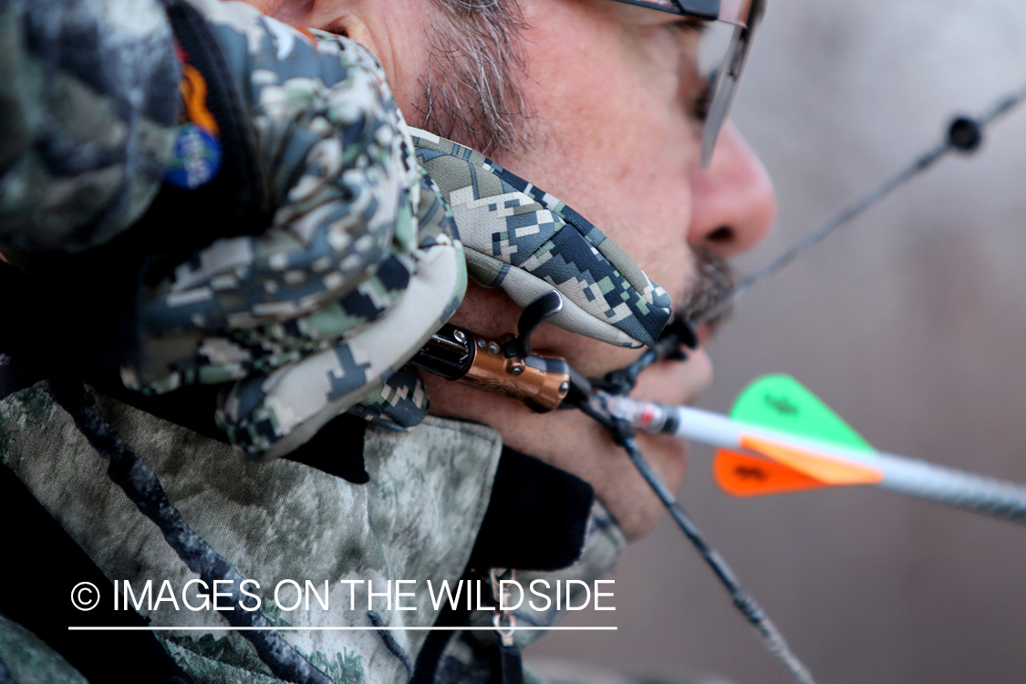 Bow hunter shooting arrow using arrow release attached to string.