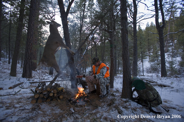 Deer hunter with bagged deer in camp in winter.  