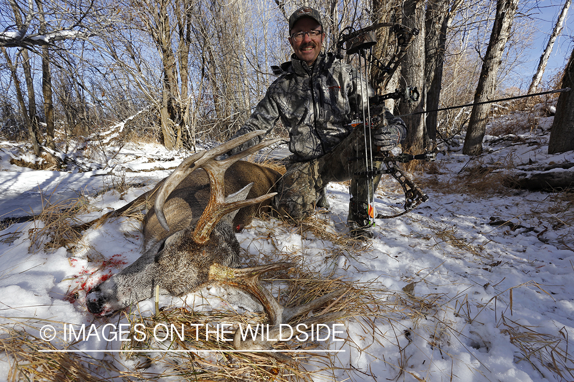 Bowhunter with downed white-tailed buck.