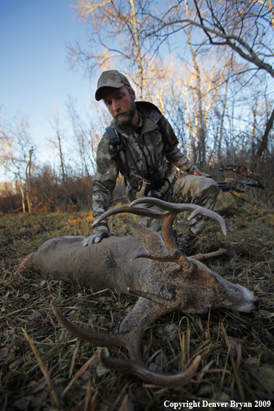 Bowhunter approaching whitetail buck.