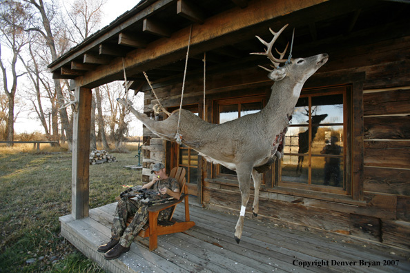 Archery hunter sittting on porch of old hunting shack where bagged white-tail hangs
